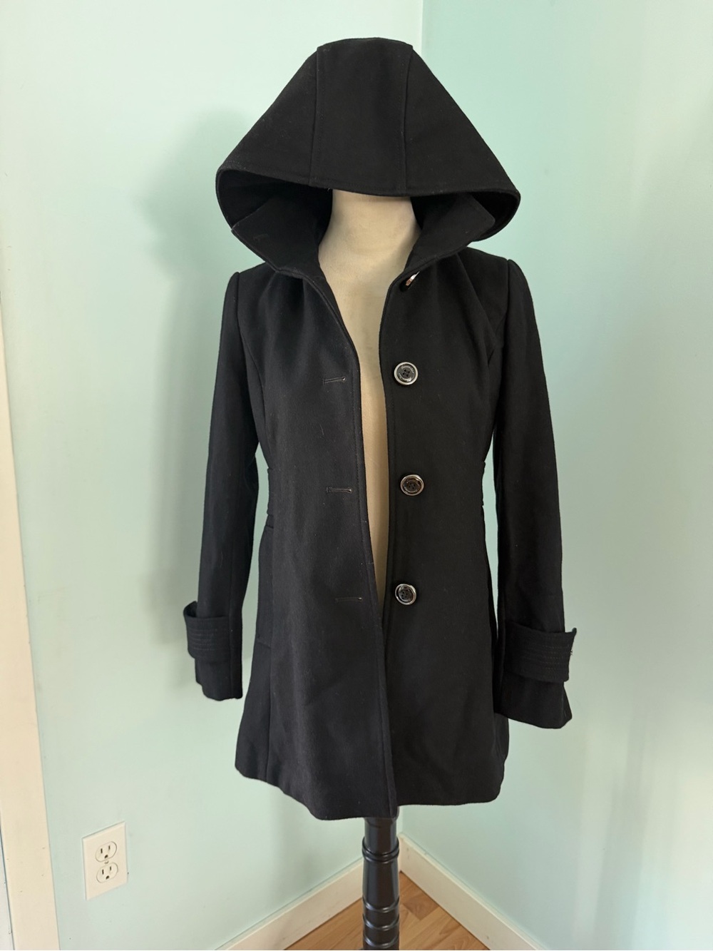 Kenneth Cole New York Wool Blend Hooded Coat 2P Black Petite Funnel Collar